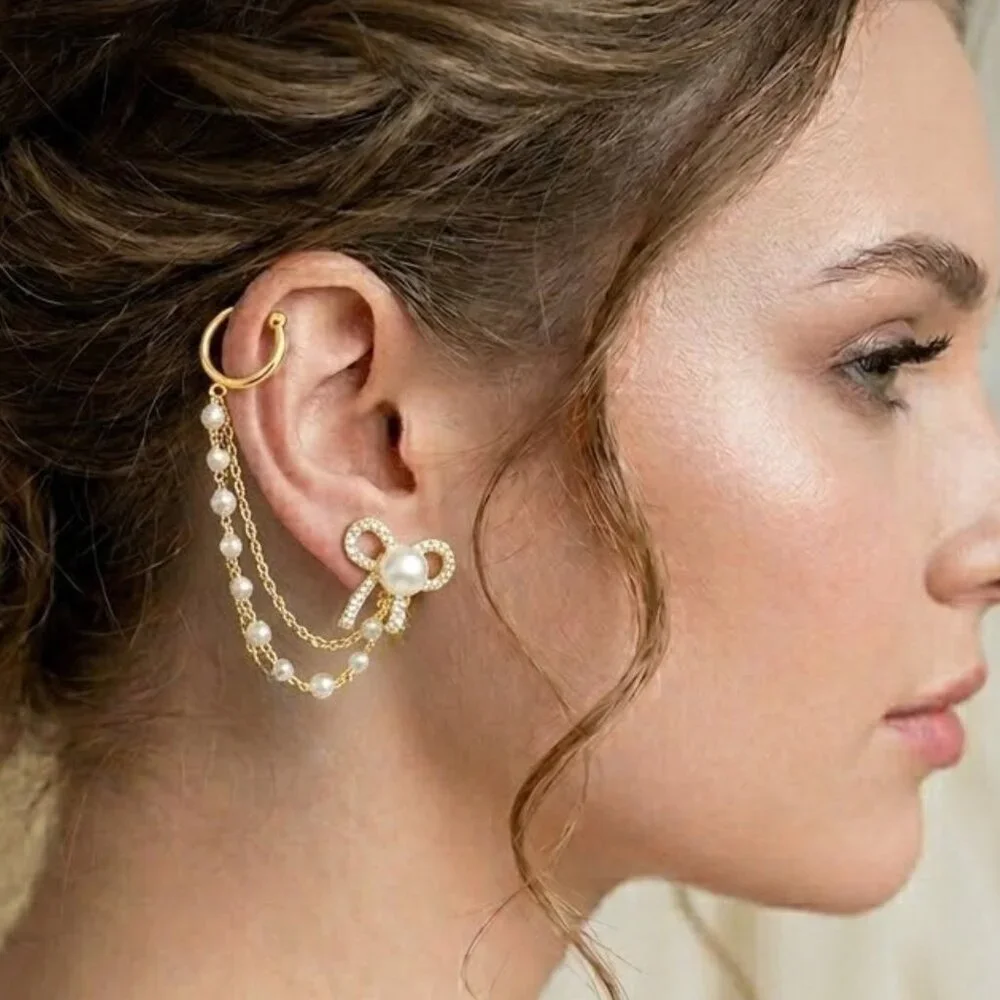 Wrapped in a Bow Gold Pearl Ear Cuff | CZ & Pearl Chain Drop | NEW